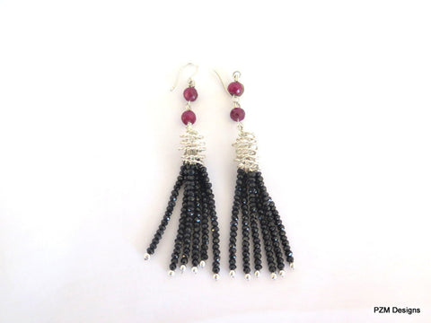 Black Spinel and Ruby Tassel Earrings, handmade gemstone jewelry, ruby earrings