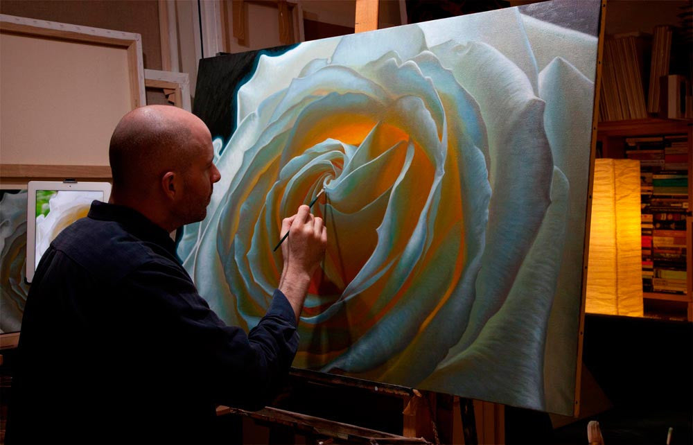 Vincent Keeling painting a large white rose