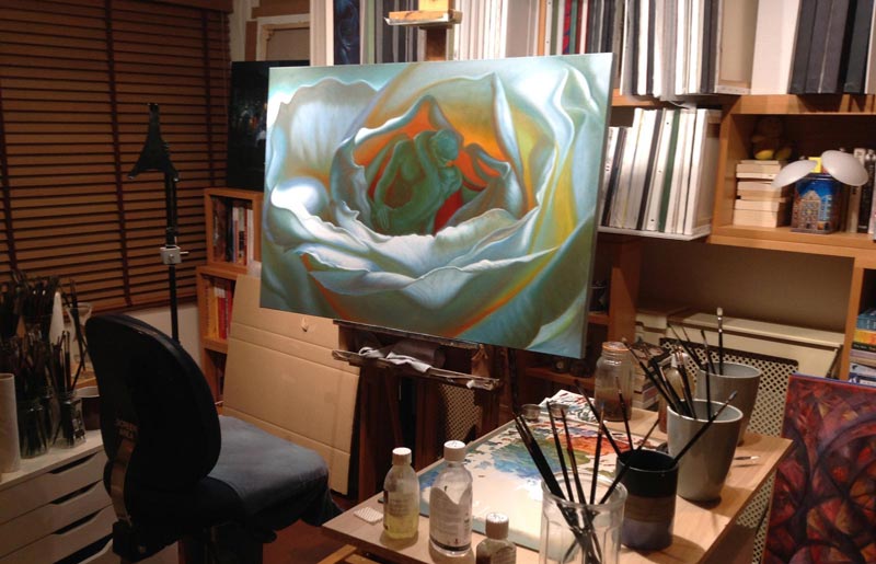 The Unfolding Kiss painting in the art studio