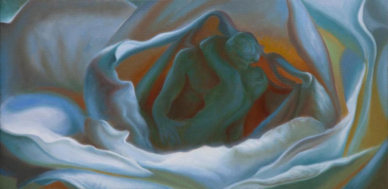 The Unfolding Kiss: A Study - An oil painting by artist Vincent Keeling