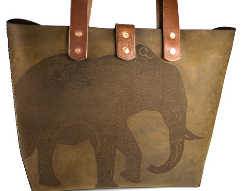 Hand and Hide Leather Tote Bag with Elephant Engraving