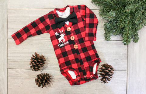 my 1st christmas buffalo plaid outfit for baby boys with bowtie