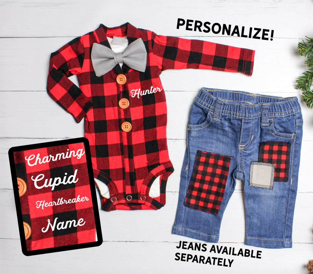 Baby Boy Valentine Outfit - Buffalo Plaid and Jeans