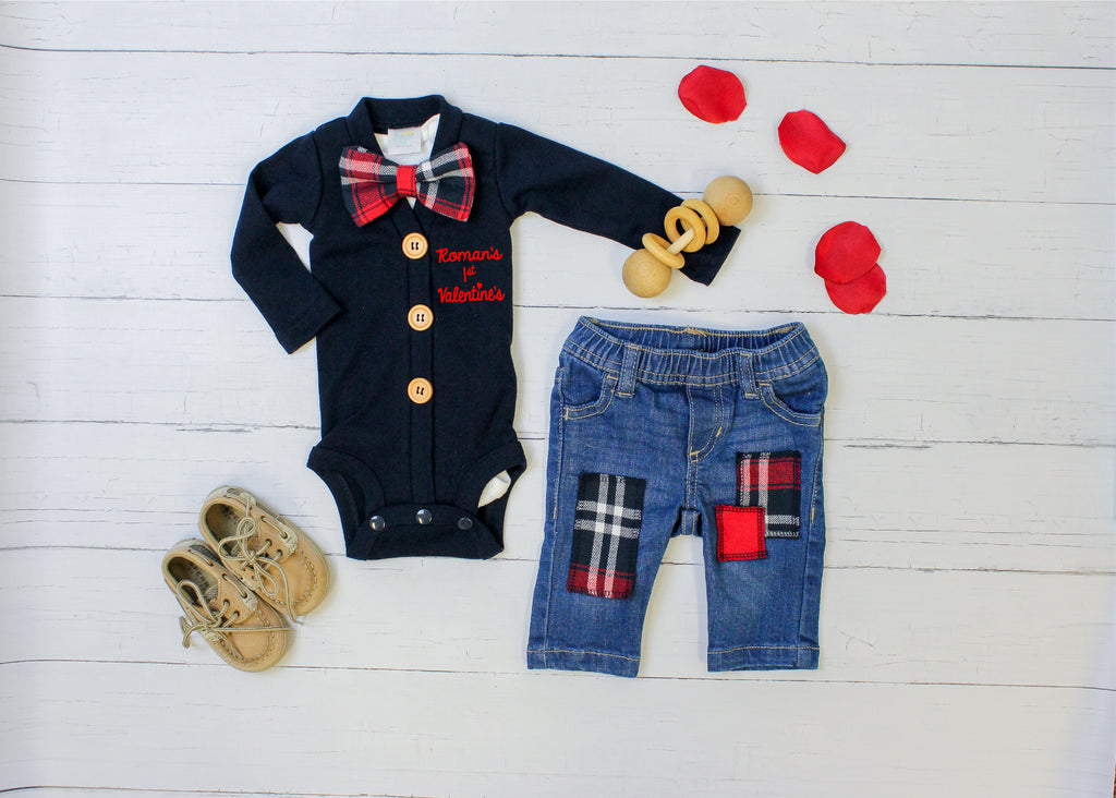Baby Boy Valentine Outfit - Navy Plaid Jeans