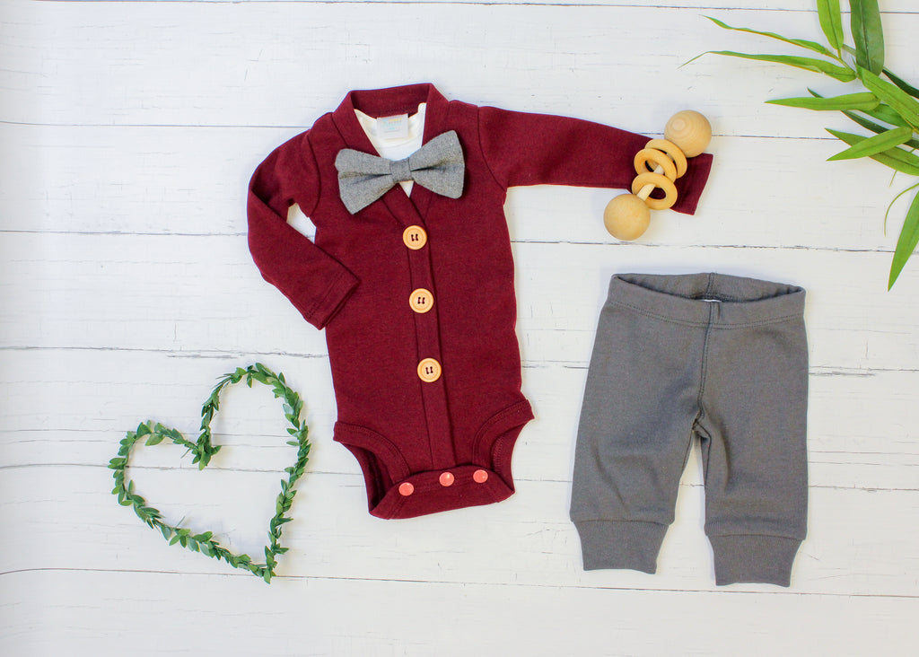Baby Boy Valentine Outfit - Gray Burgundy