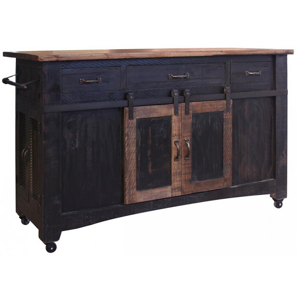 Crafters and Weavers Greenview Kitchen Island Distressed Black Farmhouse Style Sliding Doors