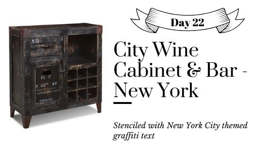 Industrial Style Black Painted Distressed Wine Cabinet and Bar with New York City Graffiti Text