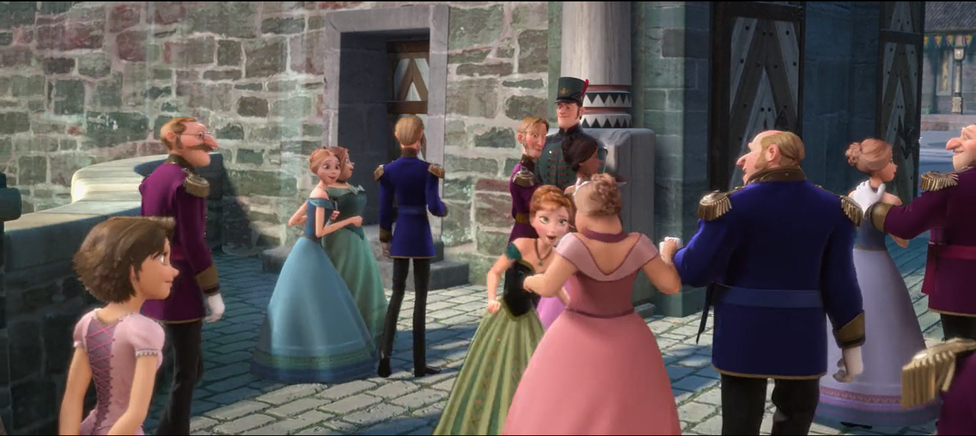 Rapunzel from Tangled is shown here making an appearance in Frozen, while Anna is singing.