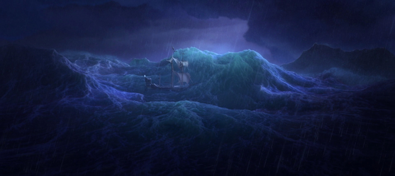 Anna and Elsa's parents on their ship during a storm.
