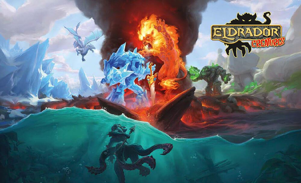 Schleich Eldrador Creatures logo, with a scene featuring the four powers of Eldrador: fire, water, ice, and stone.