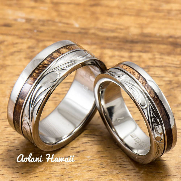 Titanium Wedding Ring Set With Hawaiian Koa Wood Inlay 6mm 8mm