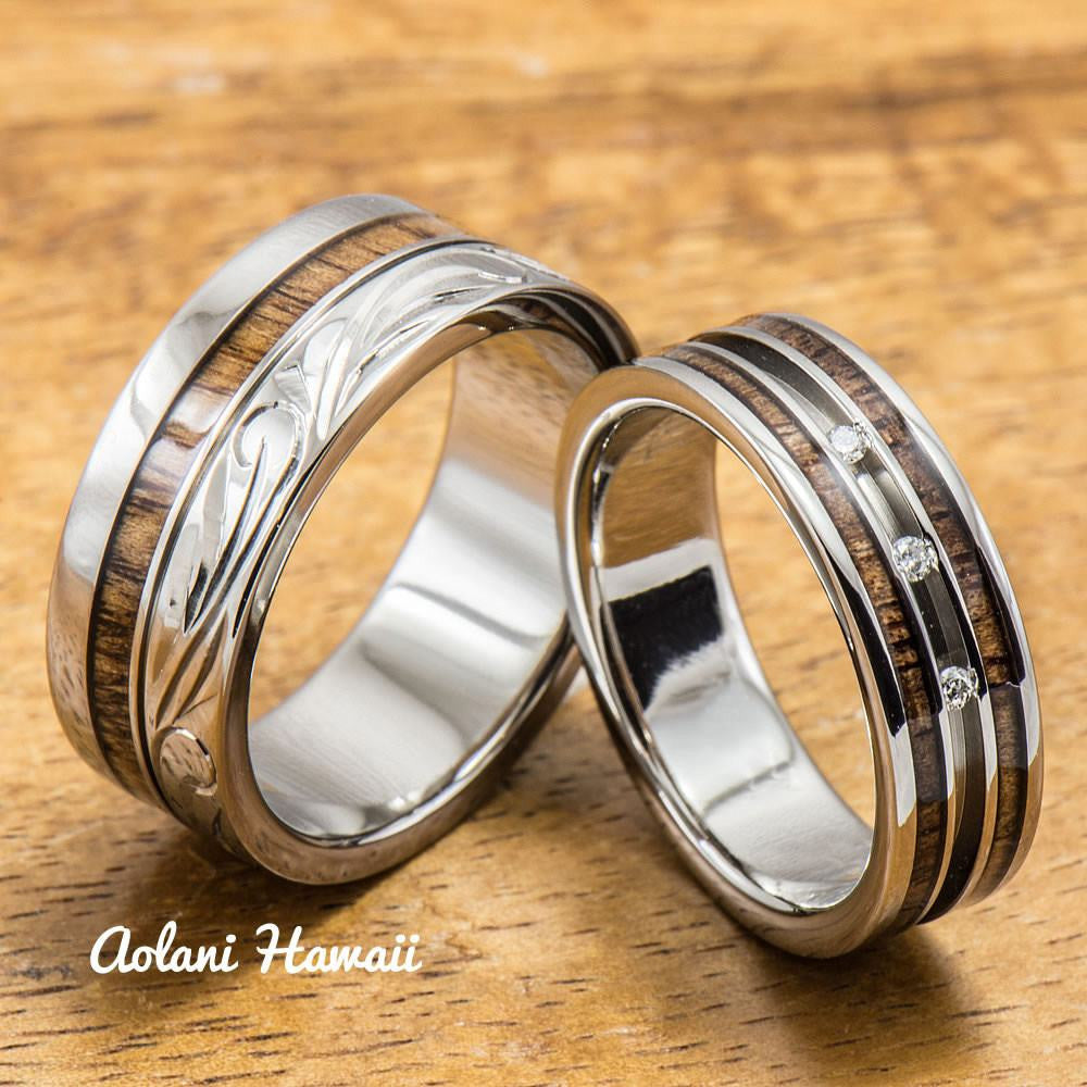 Diamond Titanium Wedding Ring Set with Koa Wood Inlay (6mm - – Hawaii