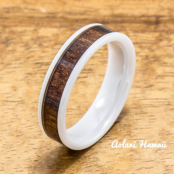 Wedding Band Set Of Ceramic Rings With Hawaiian Koa Wood Inlay