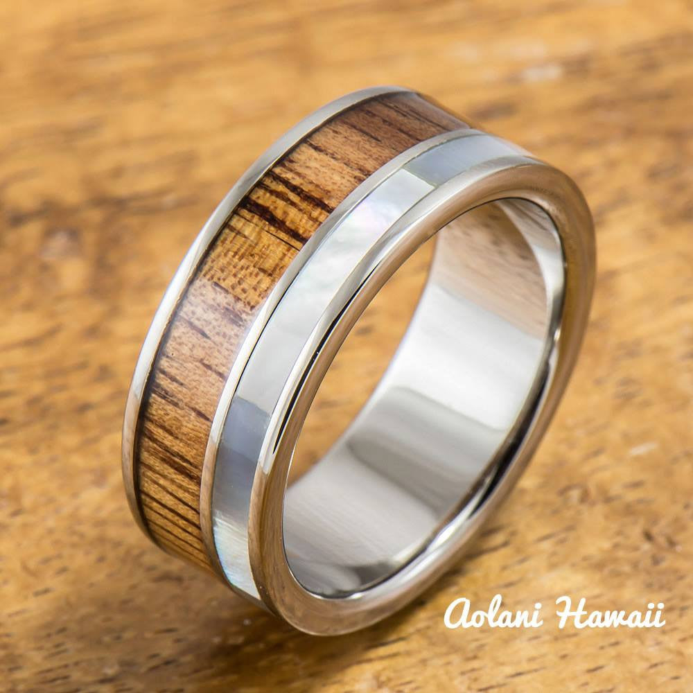 8mm Men's or Ladies Titanium Brown Hawaiian Koa Wood Inlay Wedding Band Ring 