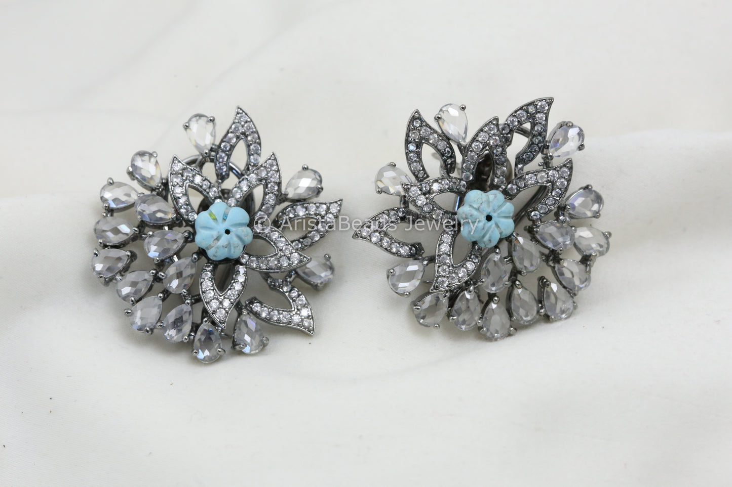 Large CZ Polki Victorian Studs - Turquoise