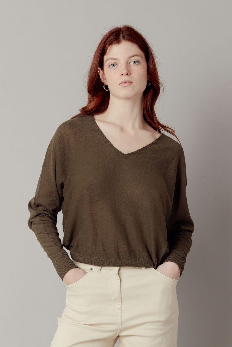 CLOVER Organic Linen Batwing Jumper - Dark Khaki, SIZE 1 / UK 8 / EUR 36