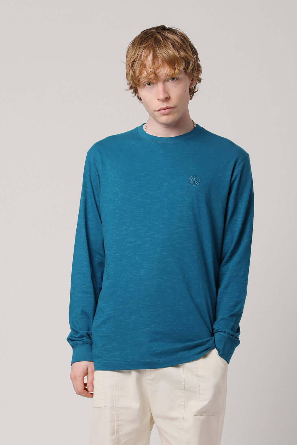 HAKON - GOTS Organic Cotton Long Sleeve Tee Teal Blue, Large