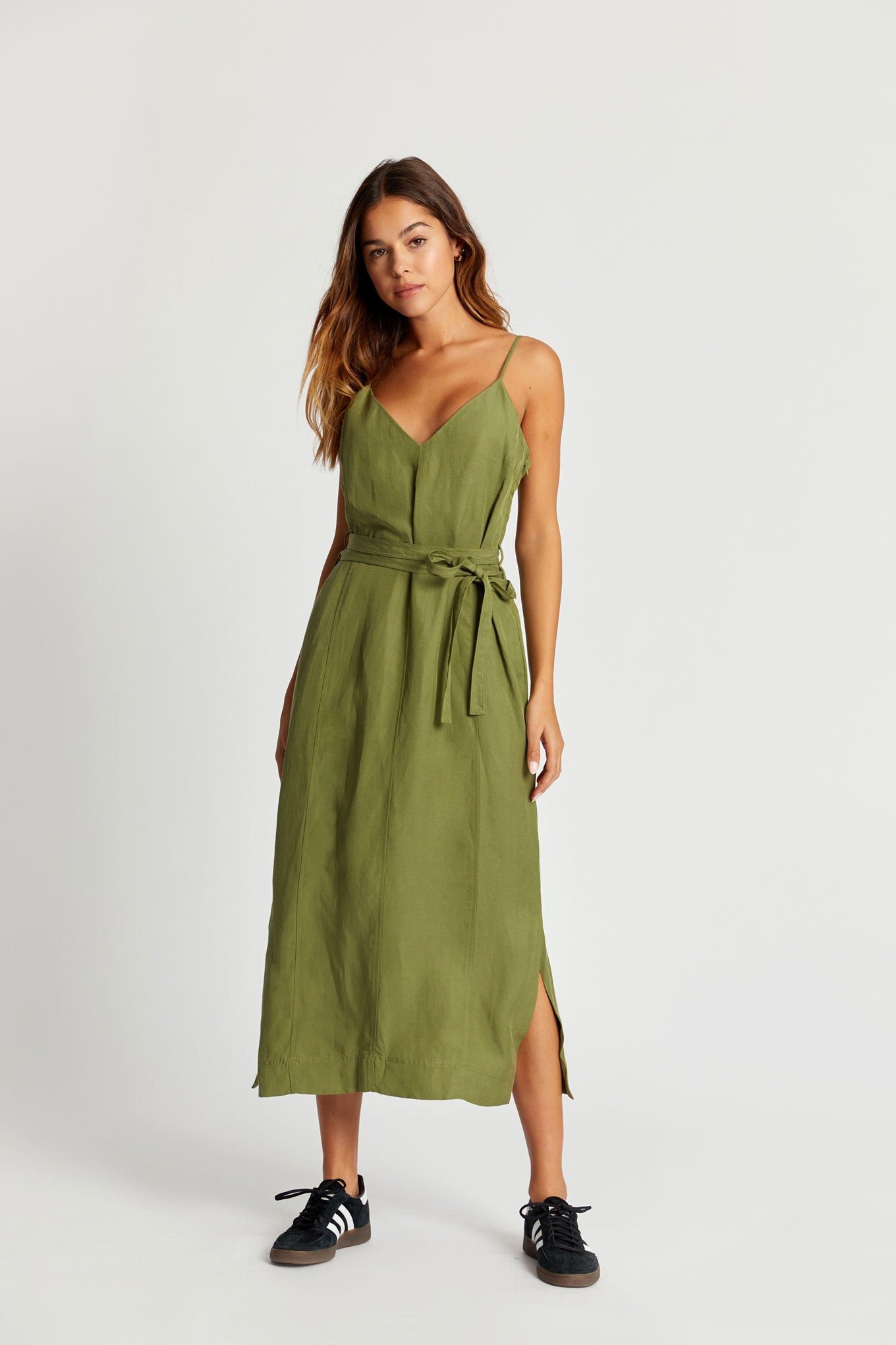 IMAN Tencel Linen Slip Dress - Khaki Green, SIZE 4 / UK 14 / EUR 42