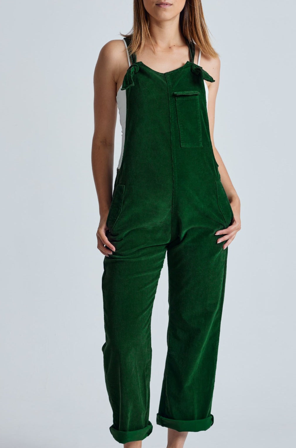 MARY-LOU Green - GOTS Organic Cotton Cord Dungarees by Flax & Loom, M