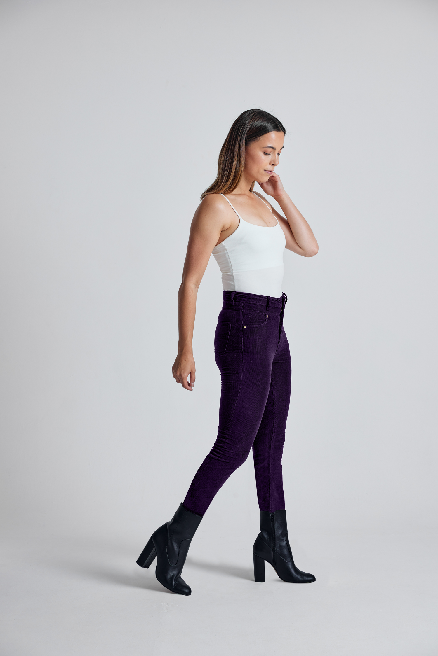 NINA Aubergine - GOTS Organic Cotton Cord High Waist Skinny Jean by Flax & Loo, 29" / Long
