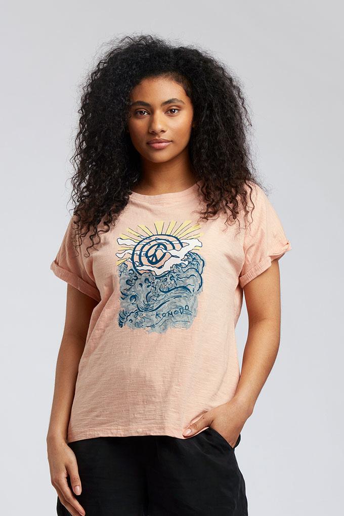 SUNRISE PEACE WAVE - GOTS Organic Cotton Tee Peach, SIZE 3 / UK 12 / EUR 40