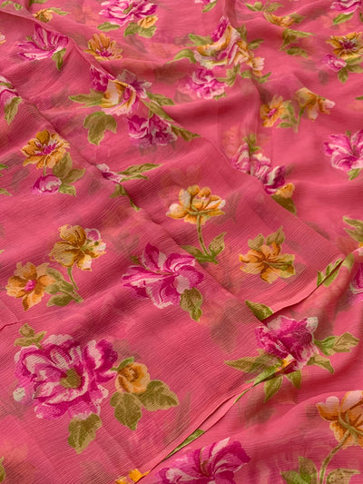 Chiffon Floral Print Saree Peach In Colour