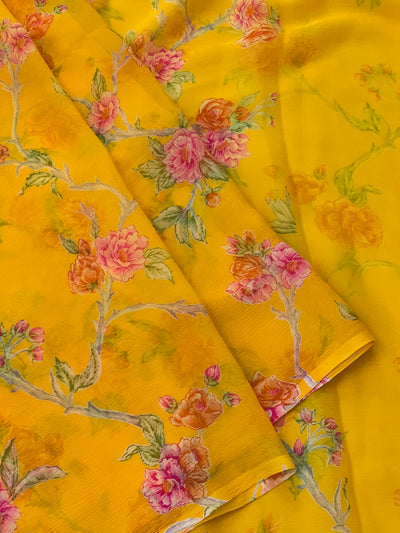 Chiffon Floral Print Saree Yellow In Colour