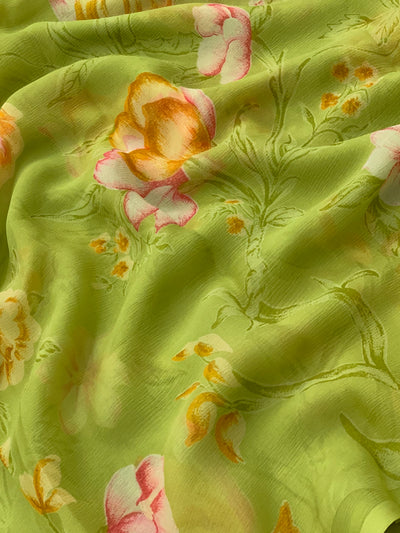 Chiffon Floral Print Saree Green In Colour