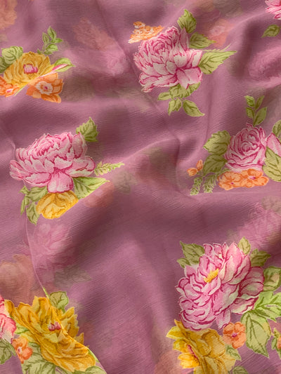 Chiffon Floral Print Saree Onion-Pink In Colour