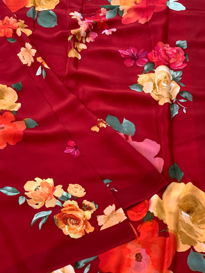 Crepe Floral Print Saree Dark-Red In Colour