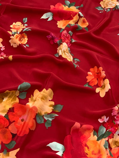 Crepe Floral Print Saree Dark-Red In Colour