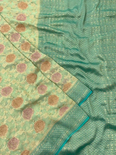 Georgette Banarasi Saree Pista-Green In Colour