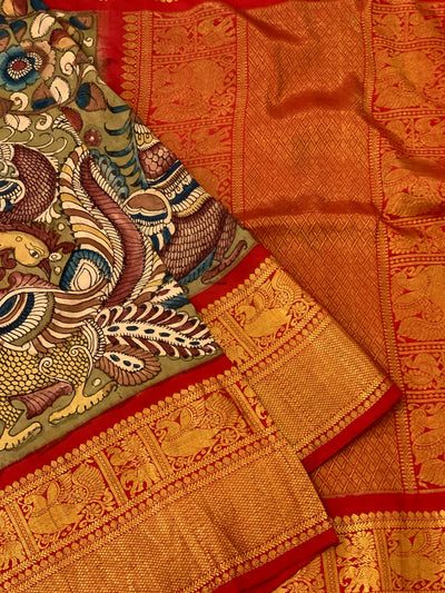 Kalamkari Kanjeevaram Saree Mehendi-Green In Colour