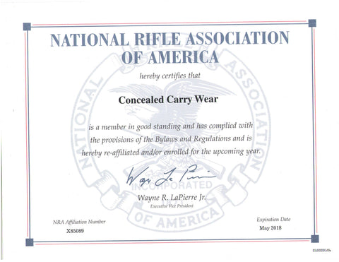 NRA Concealed Carry Wear membership certificate