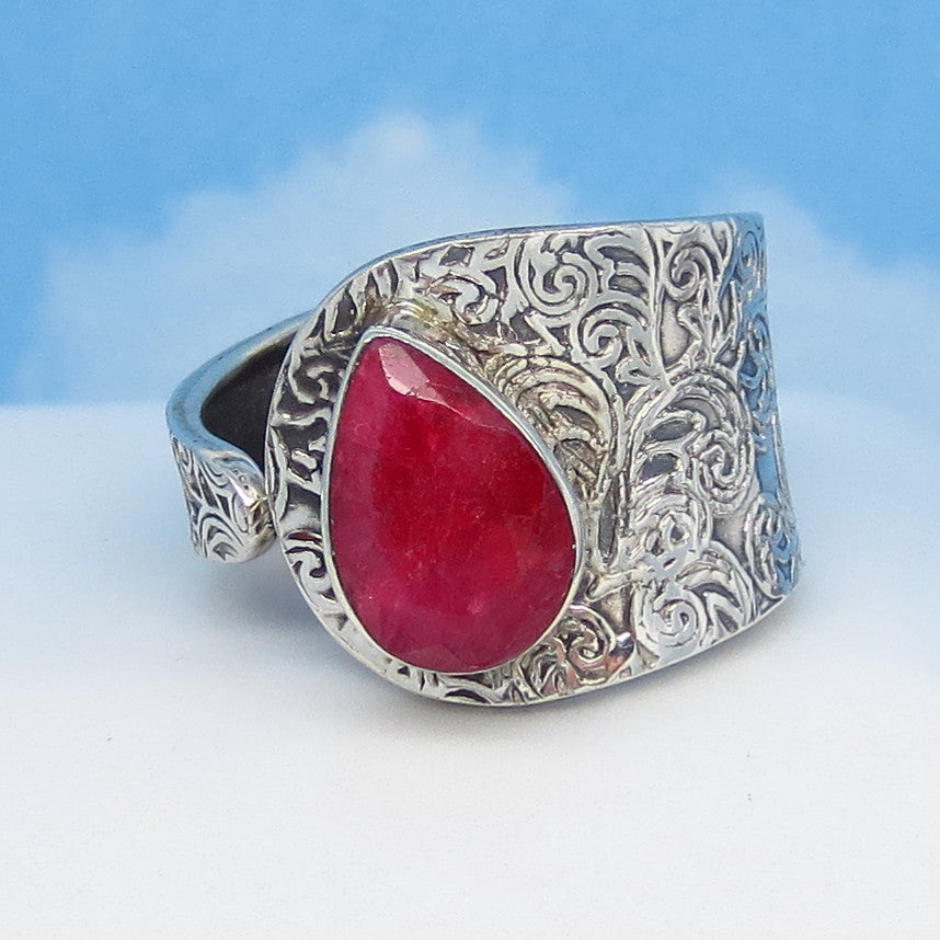 2.76ct Size 10 Natural Ruby Ring - Sterling Silver - Wrap Ring - Genuine Raw Ruby - Flower Leaf Filigree - Cigar Band Adjustable - rr0003-12