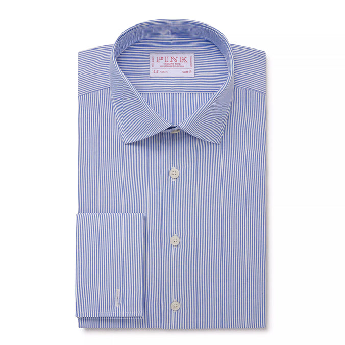 Blue & White Slim Fit Double Cuff Panama Thin Stripe Formal Shirt