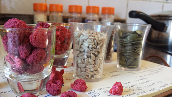 Recipe testing for the super seed and red berry expedition breakfast - all with delicious, healthy ingredients