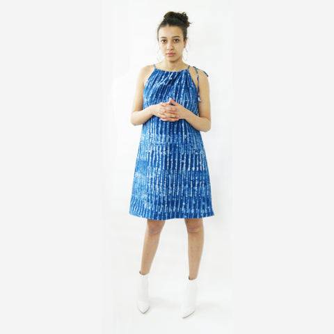 Indigo blue stripe summer swing dress artisan made batik