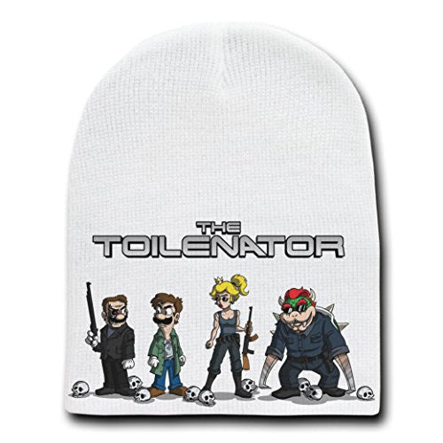 'The Toilenator' Funny Robot Movie Parody - White Adult Beanie Skull Cap Hat