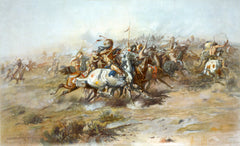 The Custer Fight by Charles Marion Russell. Lithograph. Shows the Battle of Little Bighorn, from the Indian side - 1903