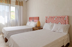 Spare bedroom, headboards and curtain all made from Jam By Hedayat fabrics