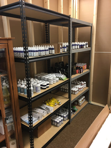 Products in stockroom on shelves