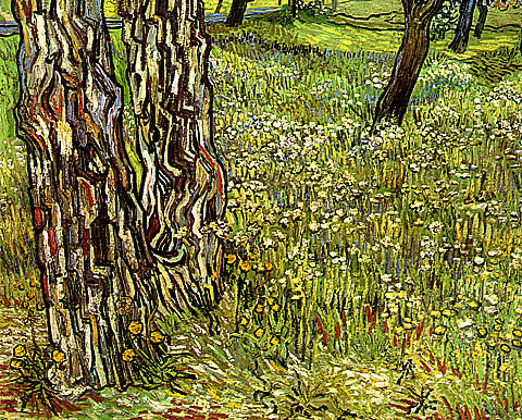 Vincent Van Gogh-Field Of Grass With Dandelions And Tree Trunks