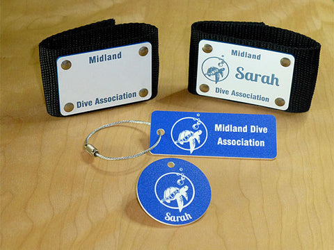 Custom scuba name equipment ID tags Midland Dive Association