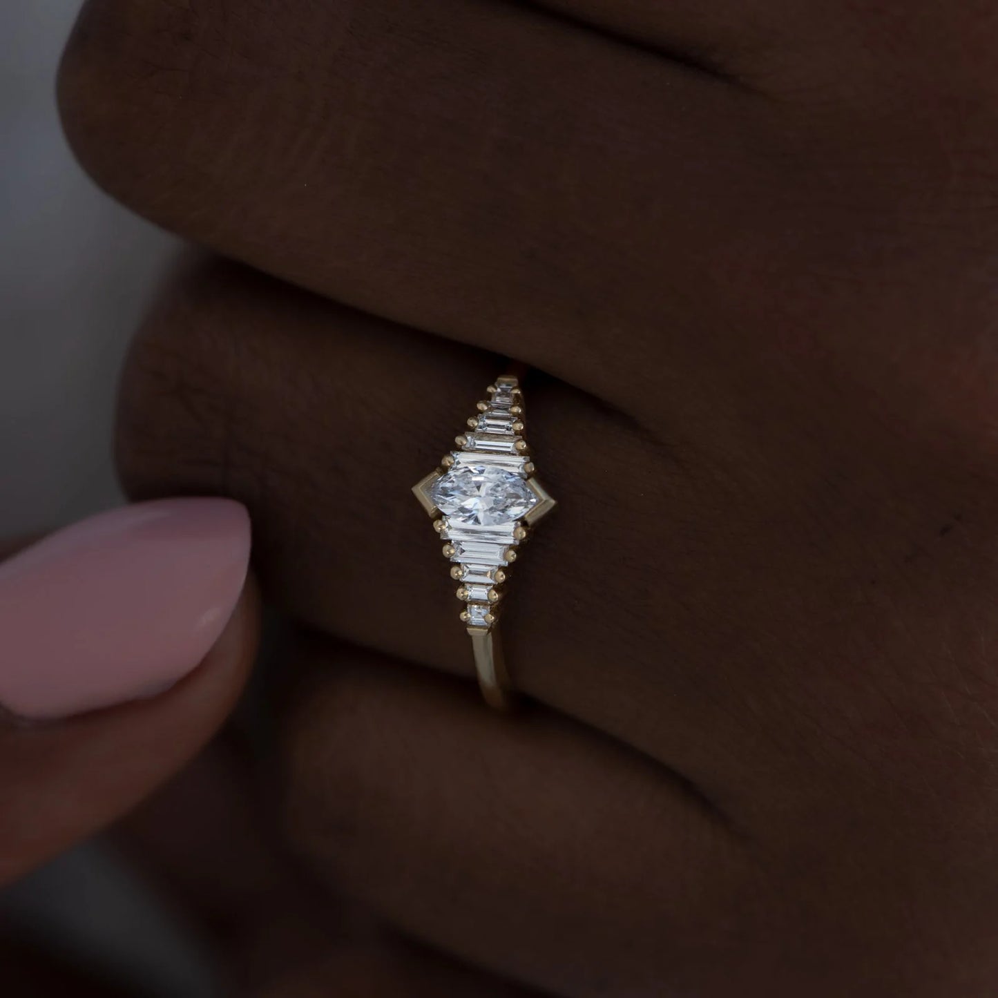 dainty deco engagement ring with marquise diamond - made to order