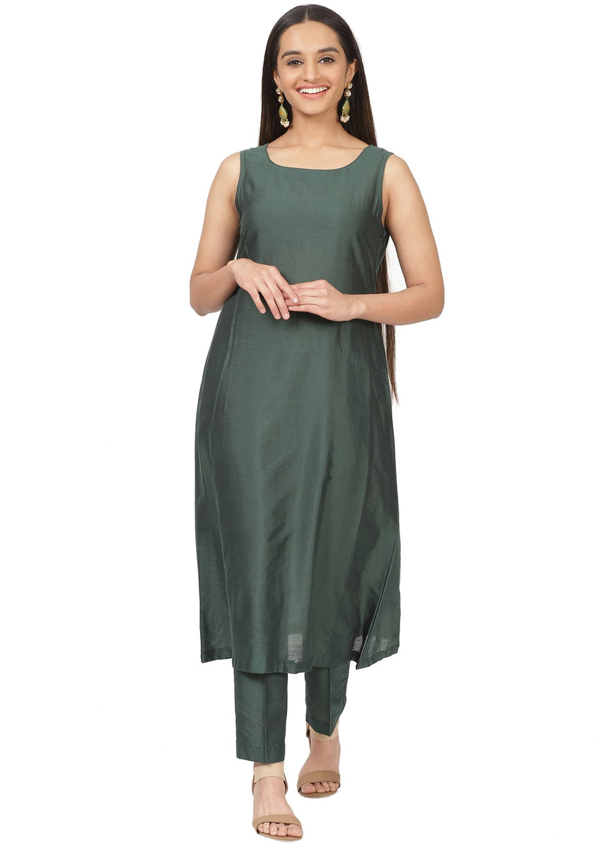 Emerald Green Sleeveless Straight Kurti and Straight Pants ...