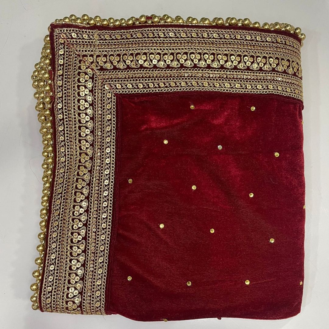 Bridal Maharani Maroon Stone Zari Embroidered Velvet Dupatta Anokherang 