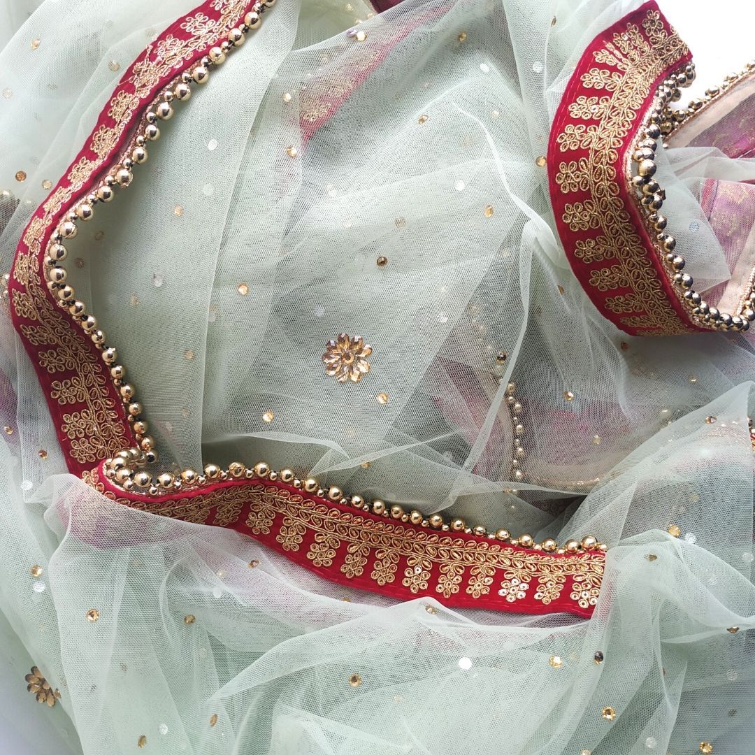 Bridal Mint Green Stone Net Dupatta with Hot Pink Border – anokherang