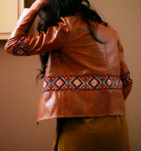 Real leather jacket hand embroidery aztec ukrainian