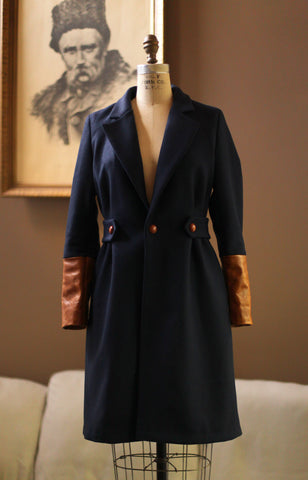 Navy Wool Coat Leather